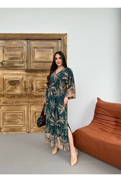 mezqa Μακρύ γυναικείο φόρεμα με τροπικό σχέδιο με φύλλα