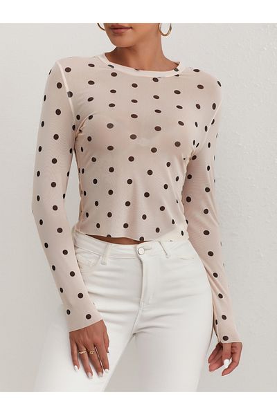 Take Two By Styli Polka Dot Mesh Long Sleeve Round Neck Top
