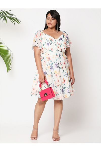 Mish By Styli All-Over Print Fit and Flare Flutter Sleeve Dress