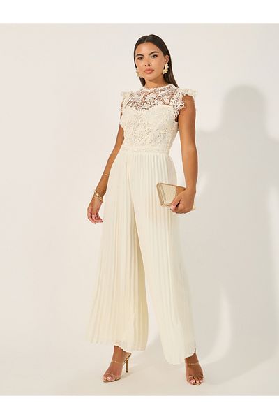 Styli Lace Insert Frill Detail Pleated Wide Leg Jumpsuit