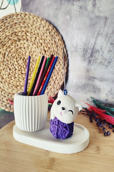 puridadesign Комплект декоративен сладък държач за моливи с котка и тефтерче, подарък за бюро
