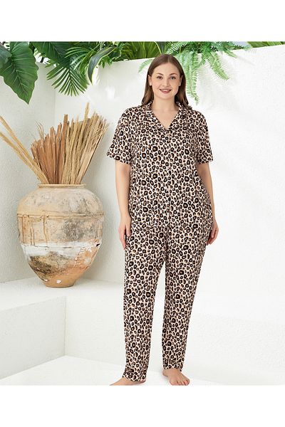 Prestij İç Giyim Women's Plus Size Leopard Print Front Button Shirt Collar Pajama Set
