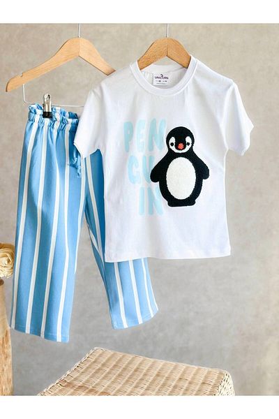 KidsSel New Season Unisex Penguin Detailed Suzane Embroidered Jogger Pants Bottom Top Set