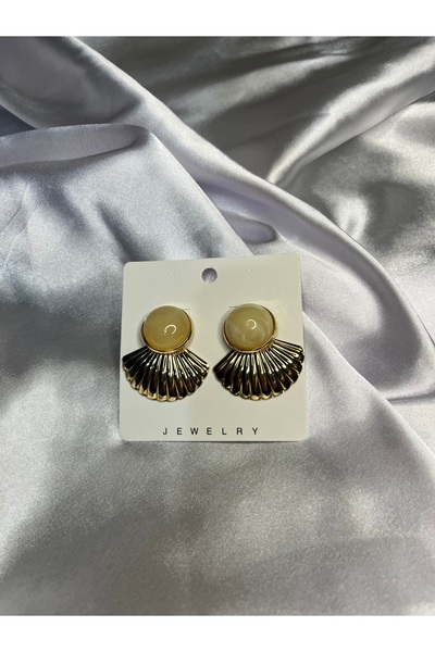 Fam&Co Jewelry Women's Vintage Style Gold Fan Detailed Round Earrings - Cream Stone