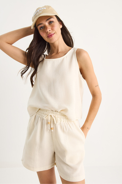 Bianco Lucci Women's Thick Strap Blouse Elastic Waist Pocket Shorts Muslin Set 3310 60283414