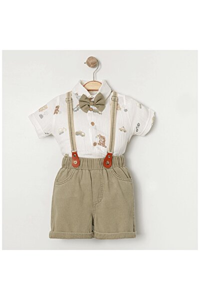 KIYAFET Erkek Bebek Taşıt Desenli Gömlek Şort Askılı Papyon Takım
