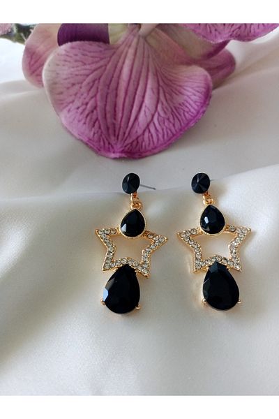 Pervin Ablacım Black Stone Handmade Earrings with White Star Stones