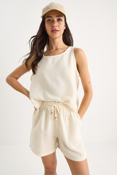 Bianco Lucci Women's Thick Strap Blouse Elastic Waist Pocket Shorts Muslin Set 3310 60283414