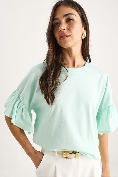 Bianco Lucci Women's Ruffled Sleeves Crew Neck Cotton T-Shirt 60602074