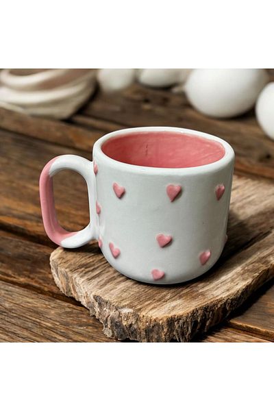 SeraCEY Pink Heart Patterned Embossed Hand Embroidered Ceramic Mug