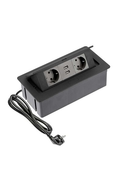 ANKRGRGTVN Rectangular Recessed Socket, 2 Schuko Sockets 2 Usb 2 5v 2.1a, 1.5m Cable, Black, Gtv