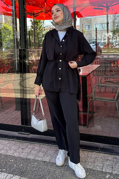 Tesettür Diyarı Women's Summer Fabric Shirt and Trousers Relaxed Fit Suit - Black