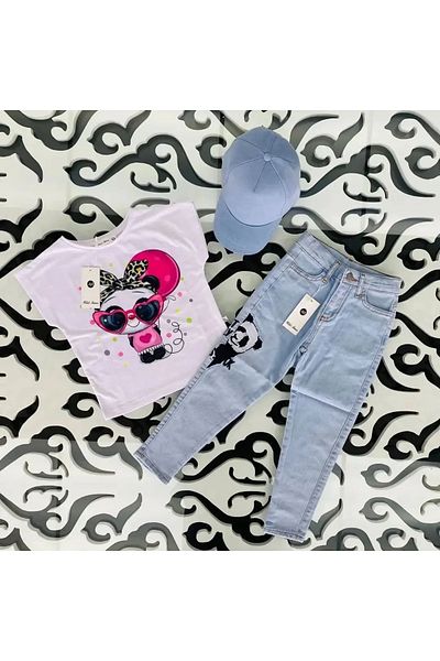 Marka Sensin Kids Girl's Special Design Panda Printed Fuchsia T-Shirt Jeans Pants Hat 3 Piece Set