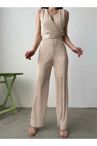 MODA MERTER V-Neck Belted Crinkle Jumpsuit