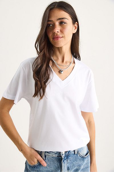 Bianco Lucci Tricou pentru femei 100% bumbac organic cu decolteu în V adânc 60602066