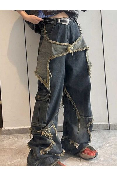 Peripeti Patch Star Cargo Pocket Street Style Washed Jeans