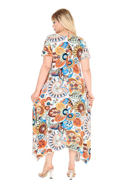 MELSAY Women's Short Sleeve Asymmetrical Cut Colorful Botanical Pattern Plus Size Dress