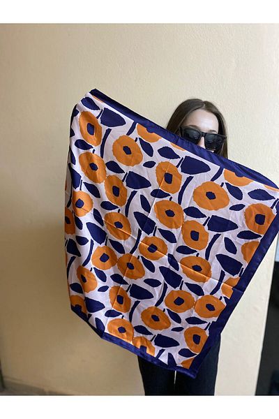 sema aksesuar Orange Navy Blue Floral Patterned Scarf