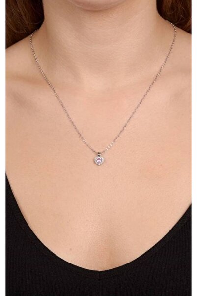 Herşey Nota قلادة نسائية بتصميم قلب وردي مع تفاصيل حجرية - ستانلس ستيل 55 سم،...