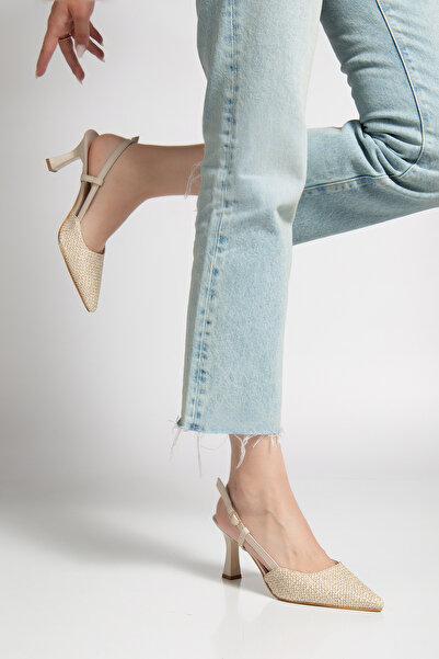 shop kadın hasır desenli suni deri arkası açık direkli sivri burun topuklu ay...