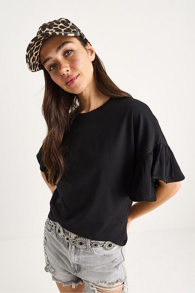 Bianco Lucci Women's Ruffled Sleeves Crew Neck Cotton T-Shirt 60602074