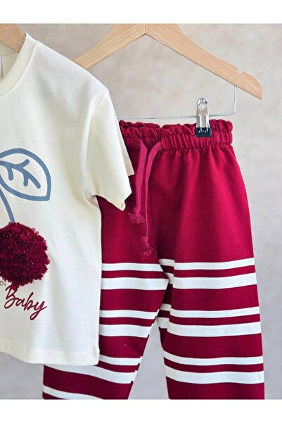 KidsSel New Season Girl's Cotton Cream Burgundy Cherry Pompom Tshirt and Sweatpants Set