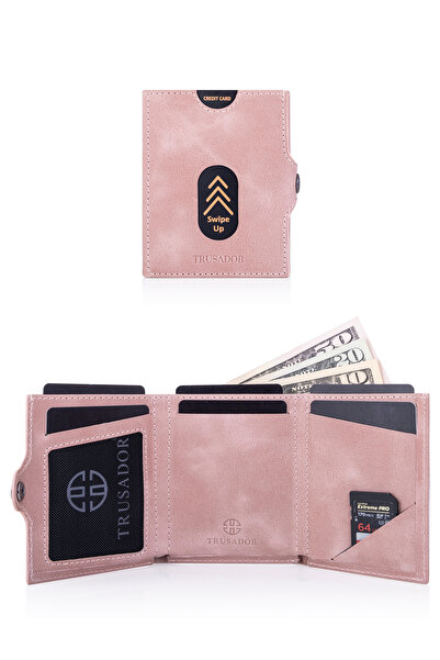 Trusador Valencia Pink Card Holder Genuine Leather Wallet Unisex Women Men Rfid Protected