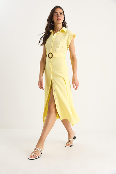 Bianco Lucci Kadın Şerit Dantel Detaylı Düğme Kapamalı Kemerli Astarlı Müslin Elbise 7008 60283382