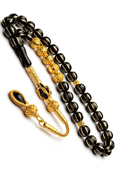 EHİNOS 24K Altın Kaplama Gümüş Püskül İşlemeli Oltu Tesbih, İsimli Tesbih