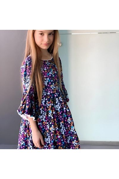 Marka Sensin Kids Girl's Floral Print Flounce Sleeve Detail Green Cotton Design Viscose Dress