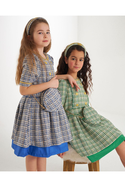 Marka Sensin Kids Girl's Gold Buttoned Skirt Lined Tutu Eid Dress Bag Crown Set of 3