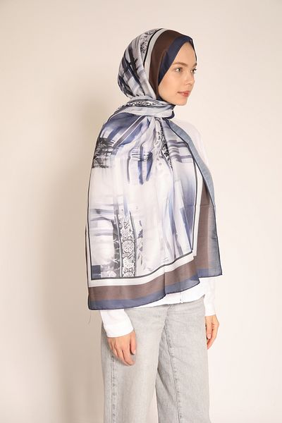 Dia Vela Geometric Patterned Navy Blue and Brown Tone Shawl
