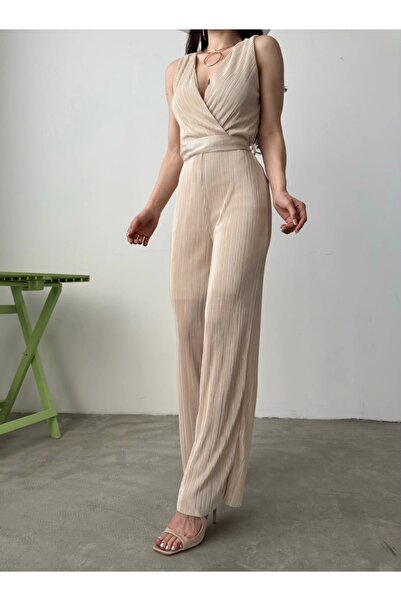 MODA MERTER V-Neck Belted Crinkle Jumpsuit