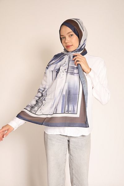 Dia Vela Geometric Patterned Navy Blue and Brown Tone Shawl