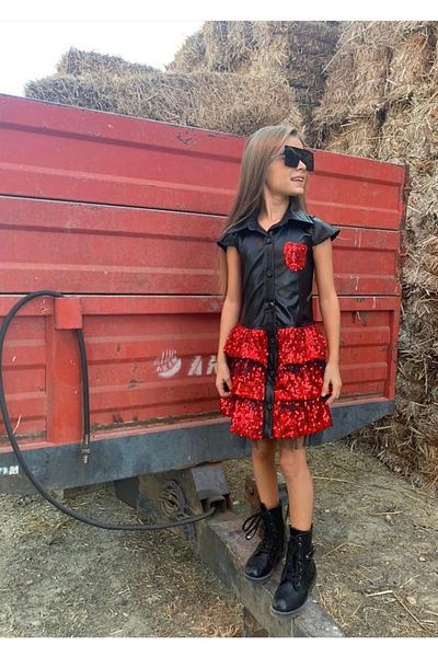 Marka Sensin Kids Girl's Sequin Tulle Red Design Leather Dress