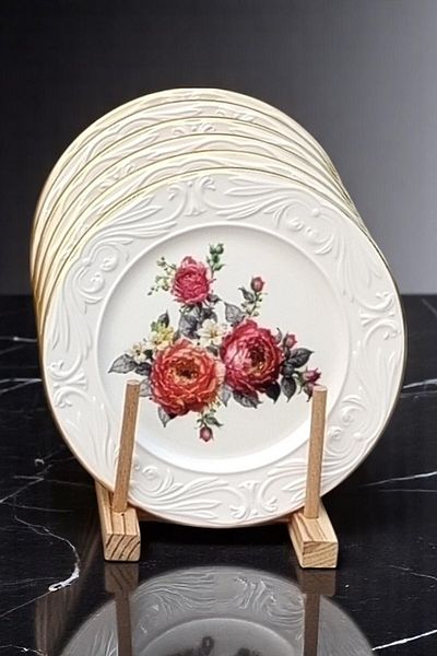 Pinkev 6 Pieces 20cm Ceramic Cake Dessert Plate Set - Pomegranate Flower