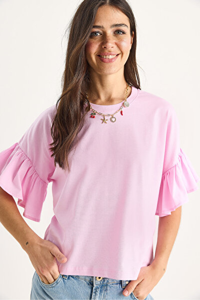 Bianco Lucci Tricou din bumbac cu mâneci cu volane pentru femei 60602074