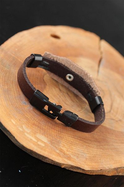 Avantaj Kapıda ®   Brown Leather Men's Bracelet with Black Infinity Metal Accessories