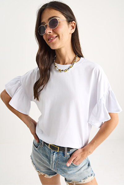 Bianco Lucci Women's Ruffled Sleeves Crew Neck Cotton T-Shirt 60602074