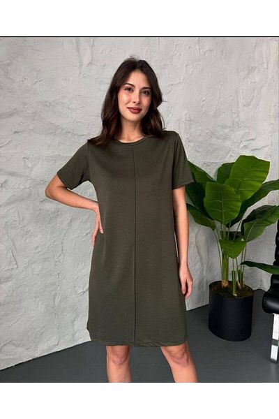 Butik Khaki Color Basic Plain Striped Model Short Sleeve Dress