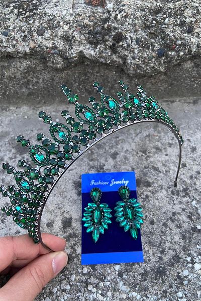 Hobigram Abrienda Green Bridal Henna Crown Special Occasion Accessory Women's Crown and Thin Shuttle Earring Set
