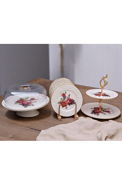 Pinkev 8 Piece Ceramic Cake Presentation Plate Set - Pomegranate Flower