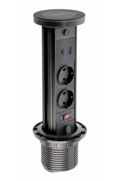 ANKRGRGTVN Built-in tower socket, 2 sockets, USB A+C, 10 W wireless charging, 1.5 m cable, black, GTV