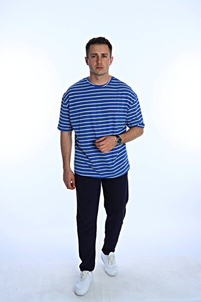 eg38 تي شيرت Kmp مخطط كبير الحجم باللون الأزرق