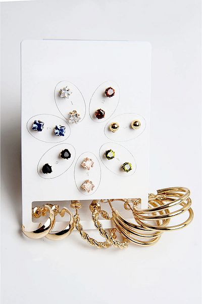 MakeWell Ring Colored Zircon Solitaire and Ball Earrings Zircon Stone Gold Plated 10 Piece Earring Set