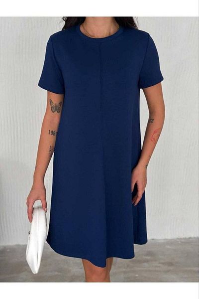 Butik Navy Blue Color Basic Plain Striped Model Short Sleeve Dress