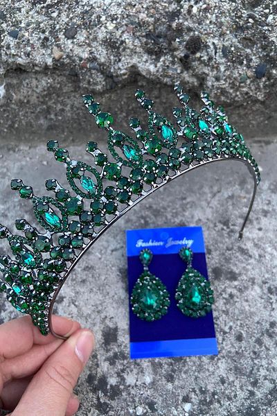 Hobigram Abrienda Green Bridal Henna Crown Special Day Accessory Women's Crown and Drop Shuttle Earrings Set
