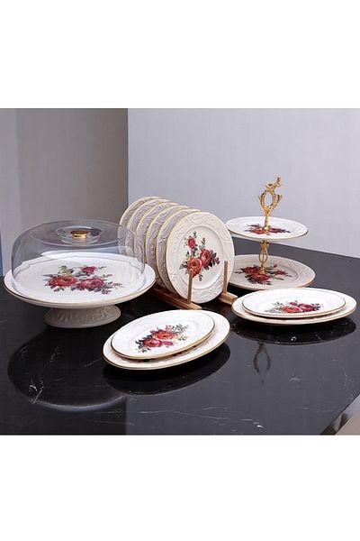 Pinkev 12 Piece Ceramic Cake Presentation Plate Set - Pomegranate Flower