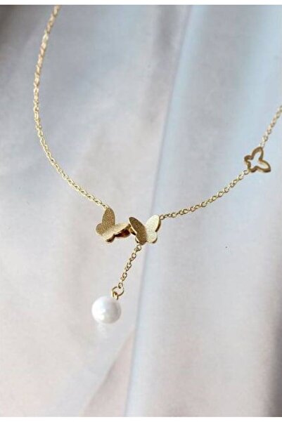 Herşey Nota قلادة نسائية بتفاصيل فراشة ولؤلؤ - لون ذهبي ستانلس ستيل، 55 سم تص...