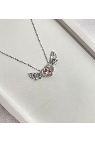 Herşey Nota قلادة جناح الملاك من حجر القلب الوردي – حجر الزركون ذهبي اللون ست...